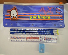 Vintage 2000 Sanrio Pochacco pencil case,r Ruler, Sharpner and pencils NEW