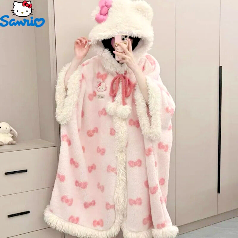Hello Kitty Sweet Furry Hooded Nightgown Coral Fleece Plush Sleepwear Robe