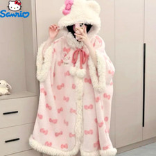 Hello Kitty Sweet Furry Hooded Nightgown Coral Fleece Plush Sleepwear Robe