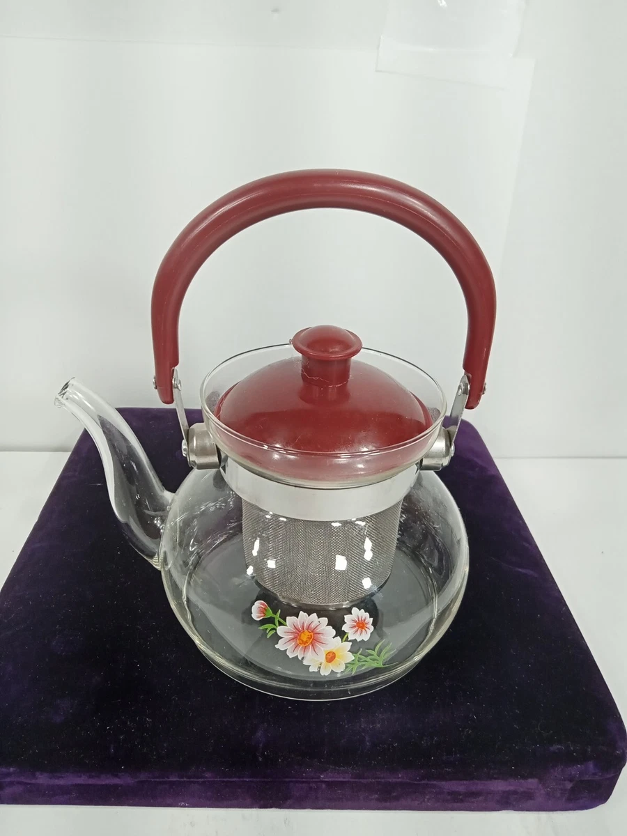 Cozyn Direct Fire Glass 1 Qt Kettle Tea Pot flower Floral w/ Handle & Spout