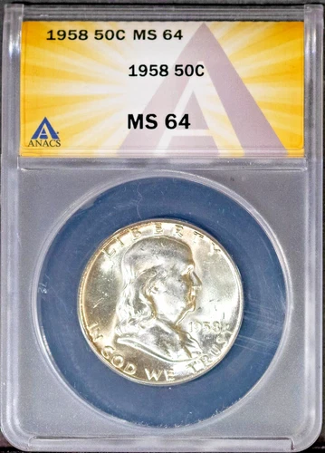 1958 50c Silver Franklin Half-dollar MS 64 ANACS # 7577459 + Bonus