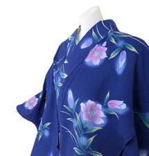 Authentic Japanese Yukata Cotton Kimono Robe Blue Pink Floral Summer Loungewear
