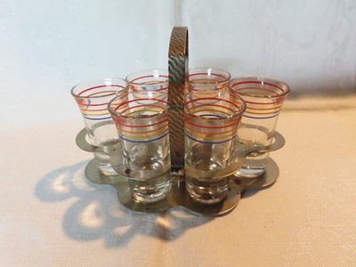 Vintage Anchor Hocking striped liquor shot glasses in caddy tray