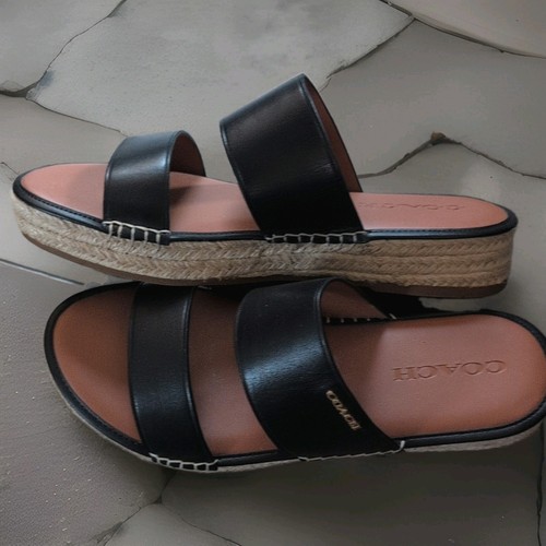 COACH Women’s Black Strappy Leather Sandals Hook & Loop Closure Logo, 8