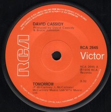 David Cassidy Tomorrow 7" Vinyl UK RCA 1976 Solide Mitte Etikett Design B/W Half