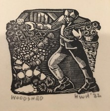 Helen West Heller  (1872-1955) "Woodshed" 1932 woodblock print paper signed
