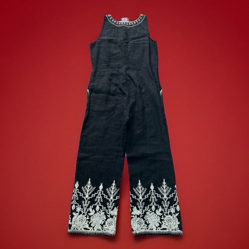 Johnny Was Los Angeles Black linen embroidered cropped wide leg jumpsuit Small - Picture 2 of 11