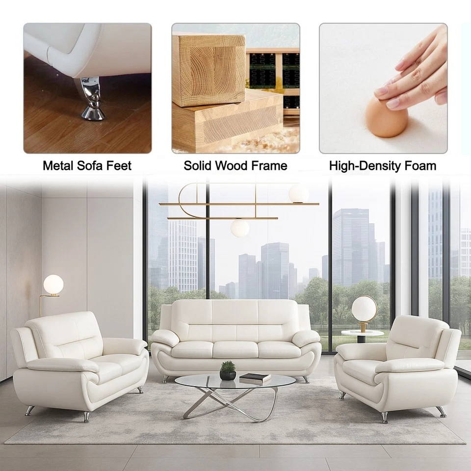 NUEVO Juego de sofá de 3 piezas de gel de cuero blanco muebles de salón modernos contemporáneos Foto 3 de 4