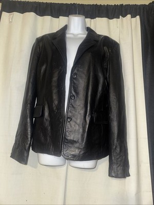 CLIO Leather Jacket Black Leather Collared Buttons Pockets Lined Size 10