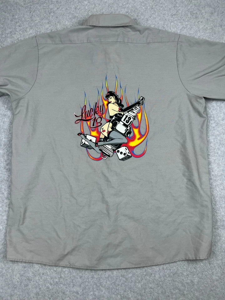 Camisa de Trabajo Lucky 13 Red Kap XL Hecha en EE. UU. Tienda Mecánica Calavera Rockabilly Foto 3 de 4