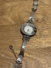 Vintage 925 Silver Oval garnet Bracelet Wristwatch White Dial Arabic Numerals
