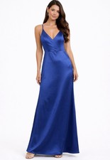 Lulus XS Blue Satin Maxi Dress V-Neck Spaghetti Straps Lined New w/ Tags(E25)