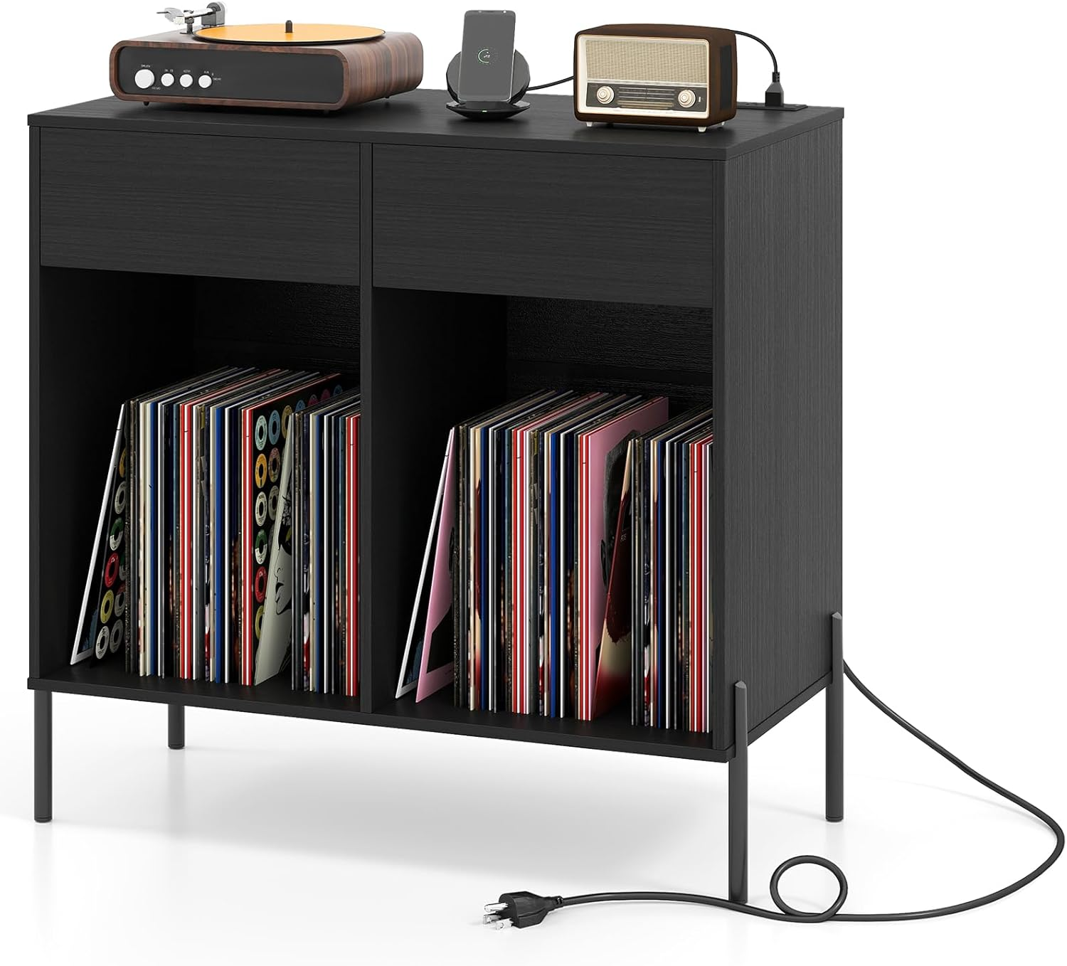 Record Player Stand Storage Cabinet Drawers Charging Station Vinyl Unit