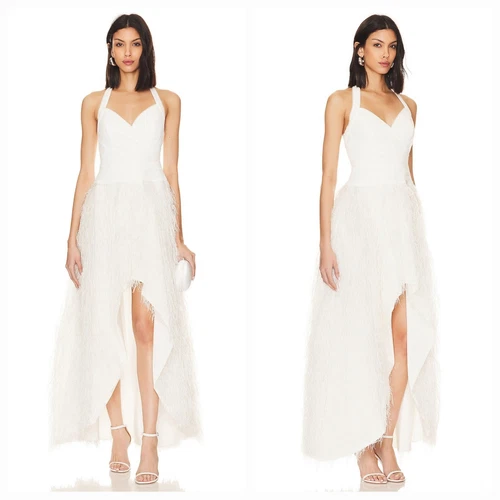 OFF WHITE Abito da sera in piuma BCBGMAXAZRIA bianco sporco taglia 2 nuovo con etichetta