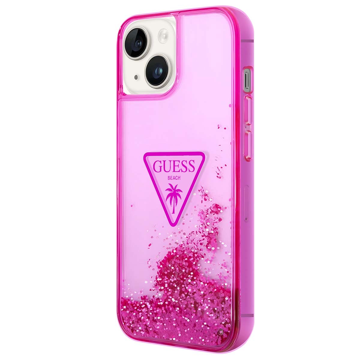 Coque iPhone 14 Plus Guess paume pailletée rose pour éviter les rayures
