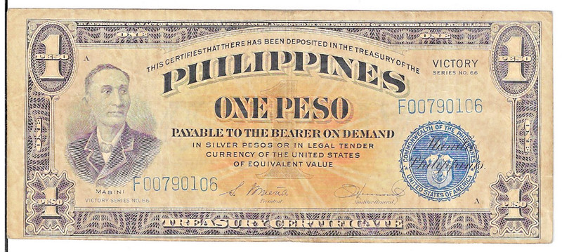 1944 PHILIPPINES ONE PESO VICTORY SERIES 66