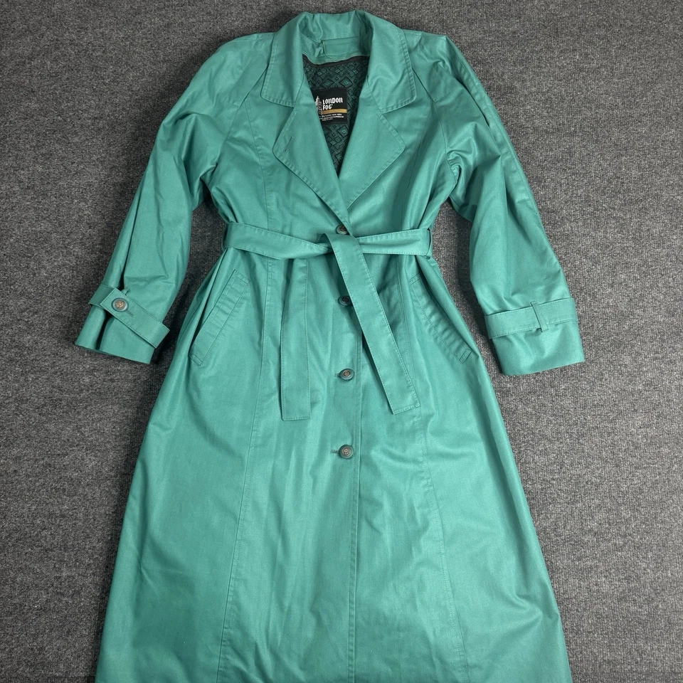 London Fog Womens Trench Coat Size 12 Regular Belted Vintage Raincoat Teal Green - Image 2 of 4