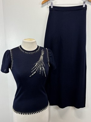 Vtg Arbe Imports 2 Pc Knit Maxi Skirt Outfit Set Womens 6 Navy Rhinestone Beads