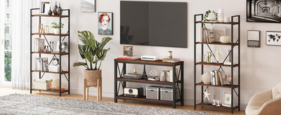Rustic Console Table & 5-Tier Industrial Bookshelf Combo
