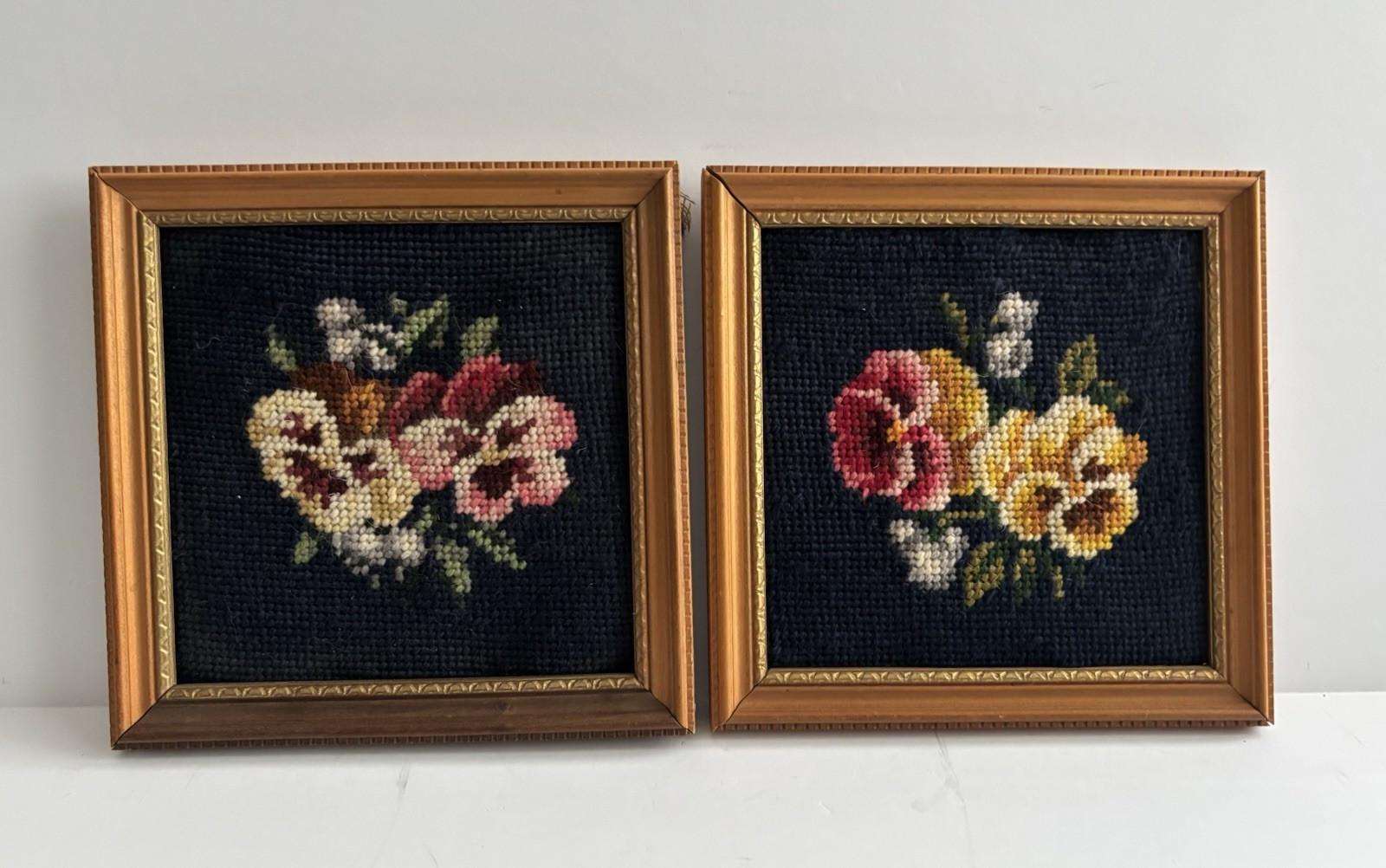 2 Vtg Mini Needlepoint Wood Framed Pictures Pansy Pansies 6x