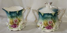 RS Prussia Antique Creamer Sugar w/Lid Floral FLAWS