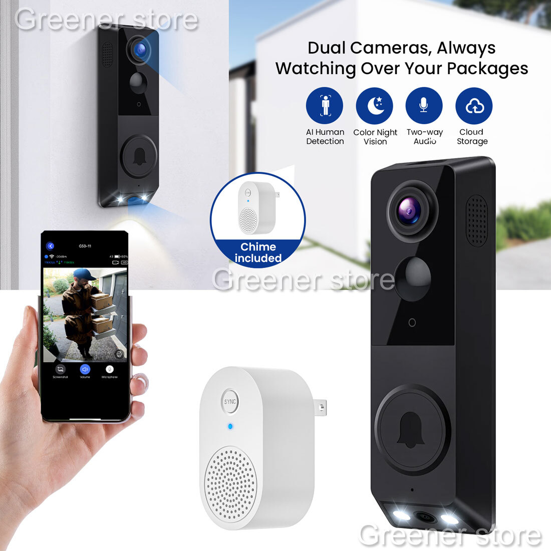 Video Doorbell Camera Wireless with Chime Ringer Smart AI Human Detection 2.4G-image