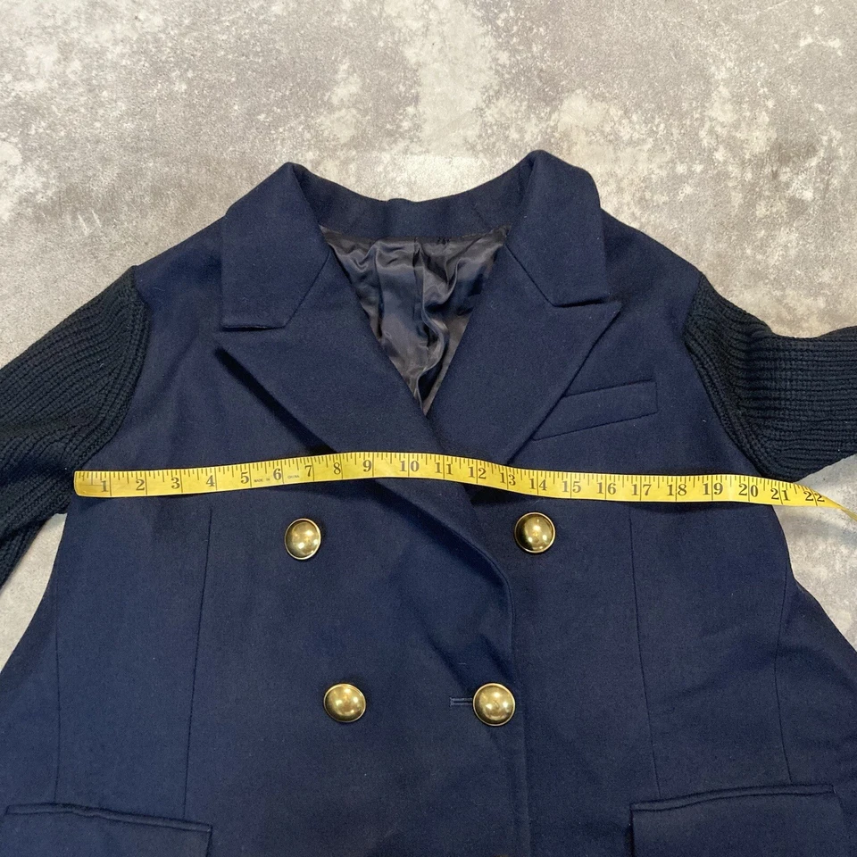 Sacai Coat Womens Medium Navy Black Military Knit Wool Draped Back Double Breas - Image 2 of 4