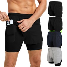 Men 2 in 1 Shorts 5" Quick Dry Gym Athletic Workout Shorts with Phone Pockets US