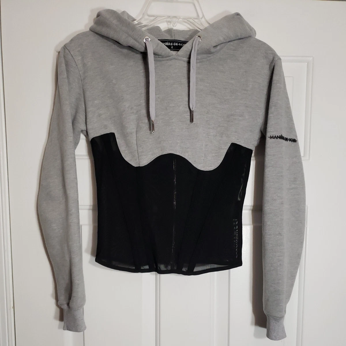 MANIERE DE VOIR Mesh Corset Gray Hoodie Sweatshirt Top Size 6 See Measurements