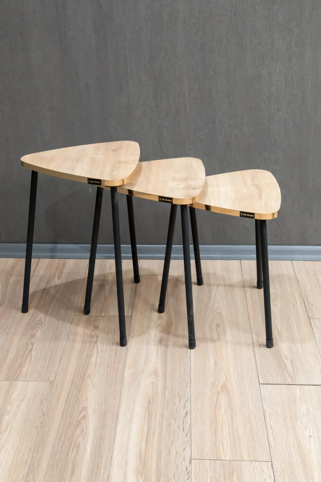 Triangular Metal Leg 3-Piece Nesting Tea Table Serving – Atlantic Pine/ Gold - Image 2 of 3