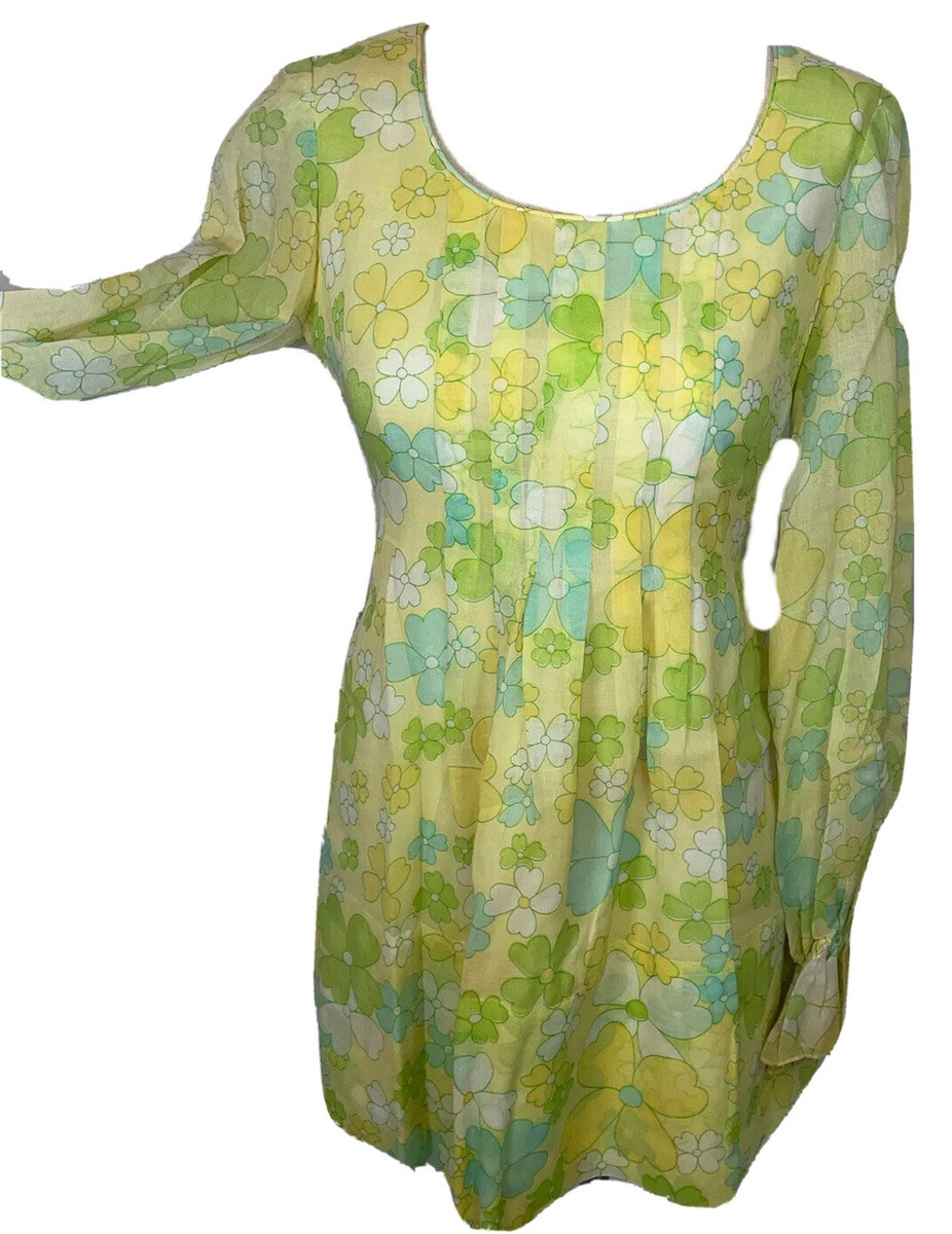 green gogo dress Vtg 60s Mini Dress Handmade OOAK Mod GoGo Floral Daisy Green Yellow Zip S 4  6