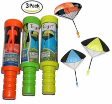 Toy Skydiver Parachute Men 3 Piece Set- Tangle Free With Launcher Containers!