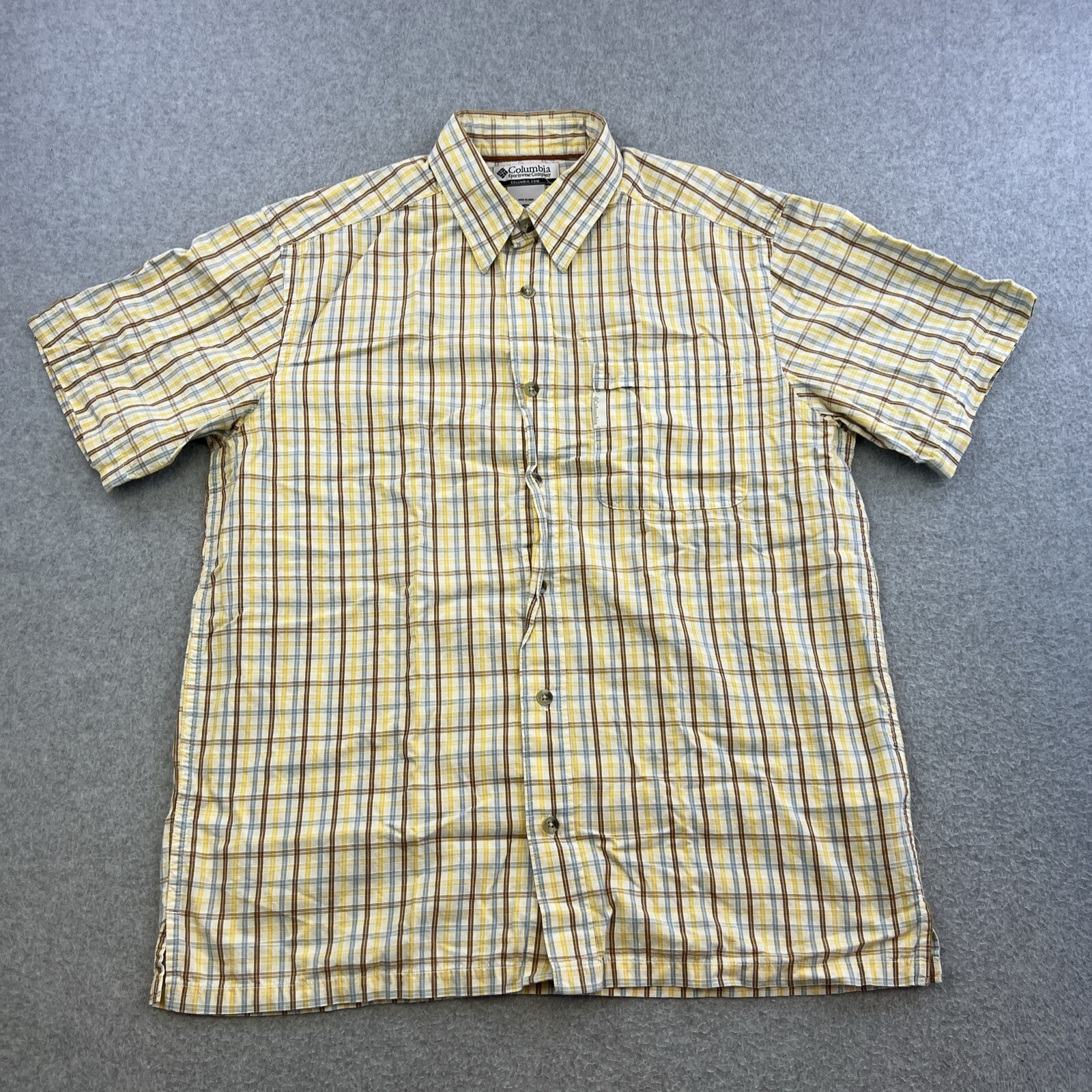 Columbia Shirt Mens Medium Yellow Blue Plaid Short Sleeve Button Up Casual Adult