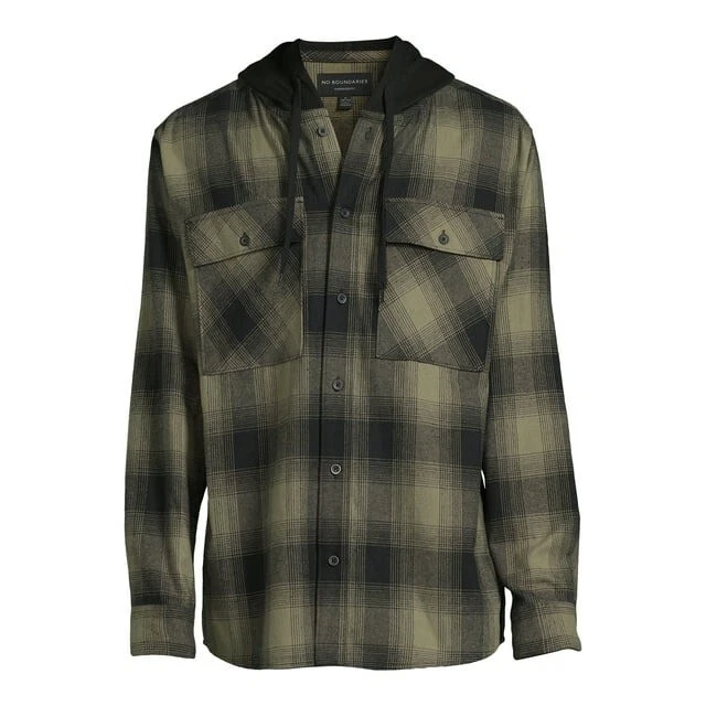No Boundaries Men's Hooded Flannel Shirt, Green Size S(34-36)