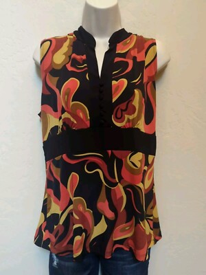 Boho Psychedelic Tank Top Covered Buttons Woman Sz S Black Orange Gold Hippie 