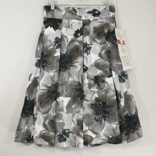 Eliza J Missy Pleated A Line Midi Skirt Grey Black White Floral Petticoat Size 6