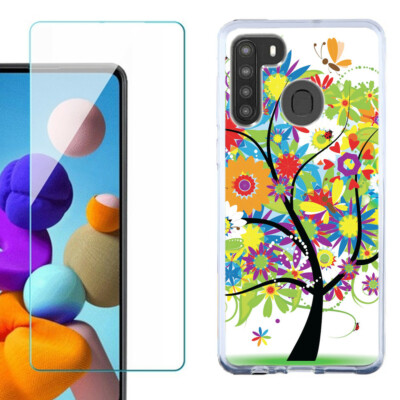 For Samsung Galaxy A21 Slim Case, Tempered Glass - Colorful Tree