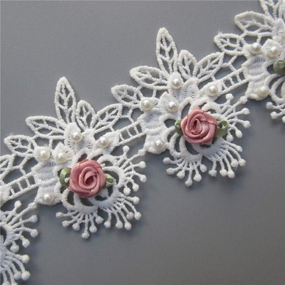 1 Yard Vintage Cotton Eyelash Pearl Flowers Leaf Embroidered Lace Trim Fabric Fl