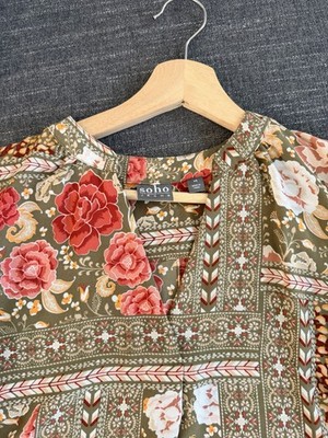 SOHO Jeans Olive Red Floral Button V-Neck Tunic Blouse Long Sleeve Size XS