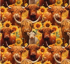 Whimsical Highland Cows, Cow, Flowers Fabric 1yd  BTY  Cotton  So Cute Fast Ship 