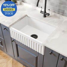 605 x 405mm Fluted Ceramic Belfast Kitchen Sink Single Bowl & Matt Black Waste