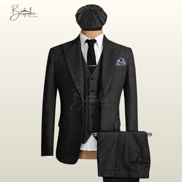 Traje de 3 piezas de tweed negro vintage para hombre Peaky Blinders estilo lana conjunto a medida Foto 2 de 4