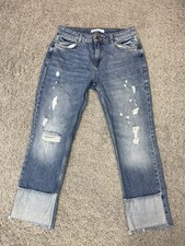 Zara Boyfriend Jeans Womens Size 4 Blue Distressed Cropped Relaxed Cotton Denim