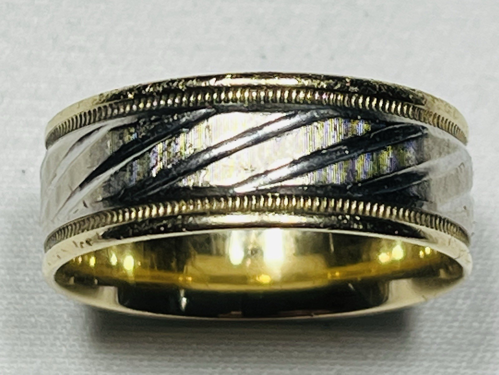 Gold Ring Solid 10K Two Tone Textured Wedding Ban… - image 5