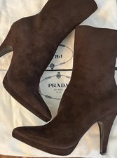 Prada Women  s Mid Calf Side Zip Boots Heels Suede Brown Pointy Toe Sz 40.5