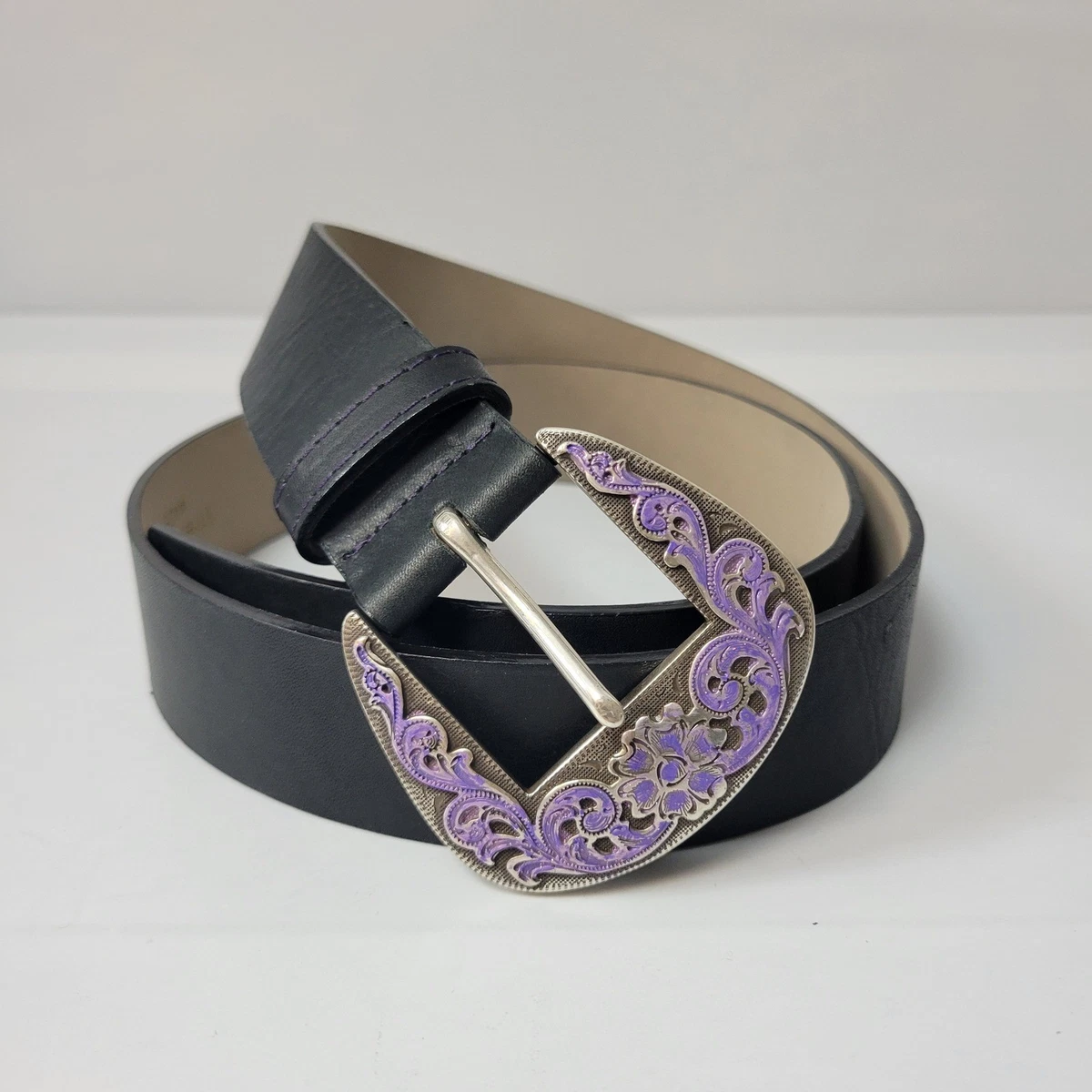 Italy Black Leather Wms L Belt with Purple Floral Oval Buckle 1.5 \