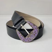 Streets Ahead Womens Black Leather Belt XL Western Purple Floral Buckle USA