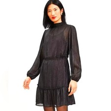 LOFT Women's Black Shimmering Metallic Tiered Smocked Neck Swing Dress