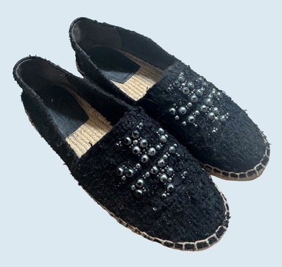 TORY BURCH Willa Tweed Pearl Logo Flat Espadrilles Shoes Size 8