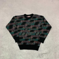 Vintage abstract knitted jumper Patterned Grandad knit sweater Men's L